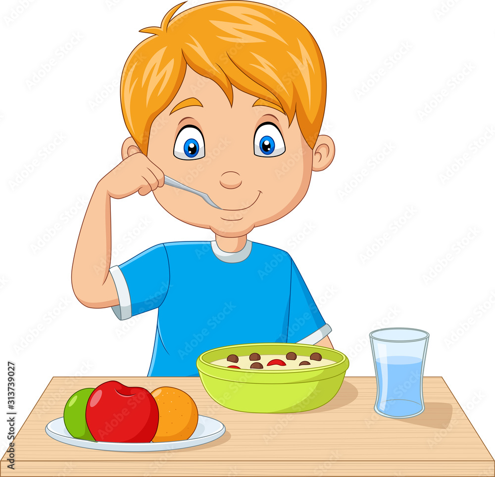 Cartoon little boy having breakfast cereals with fruits