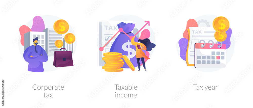 Tax payment flat icons set. Company auditing. Bookkeeping and accounting, finance analytics. Corporate tax, taxable income, tax year metaphors. Vector isolated concept metaphor illustrations