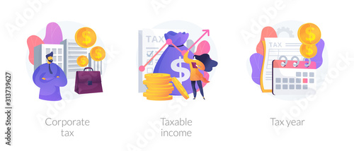 Tax payment flat icons set. Company auditing. Bookkeeping and accounting, finance analytics. Corporate tax, taxable income, tax year metaphors. Vector isolated concept metaphor illustrations © Visual Generation