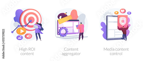 Social network marketing. Return on investment. Target analysis, SMM management. High roi content, content aggregator, media content control metaphors. Vector isolated concept metaphor illustrations