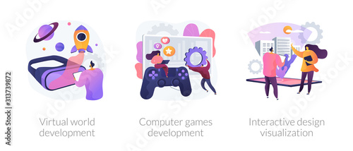 VR space exploring. Digital simulation. Virtual world development, computer games development, interactive design visualization metaphors. Vector isolated concept metaphor illustrations