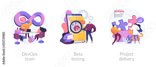 Software development. Technology analysis. Programming teamwork, quality assurance. DevOps team, beta testing, project delivery metaphors. Vector isolated concept metaphor illustrations