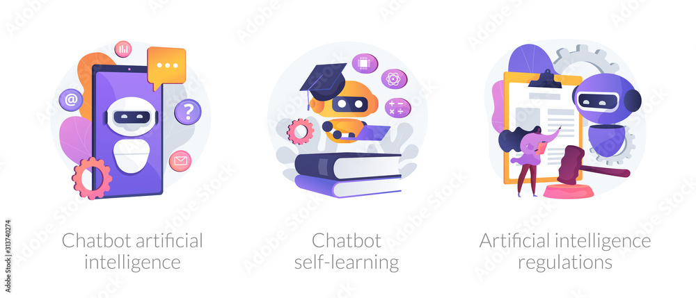 AI technology, smart chat bot. Machine learning. Chatbot artificial intelligence, chatbot self-learning, artificial intelligence regulations metaphors. Vector isolated concept metaphor illustrations.