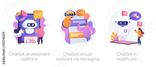 Chat bot, support automated technologies. Chatbot development platform, chatbot virtual assistant via messaging, chatbot in healthcare metaphors. Vector isolated concept metaphor illustrations.