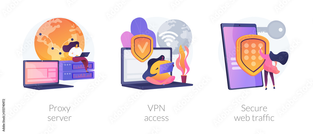 Secure network connection and privacy protection. Internet service provider. Intranet access. Proxy server, VPN access, secure web traffic metaphors. Vector isolated concept metaphor illustrations.