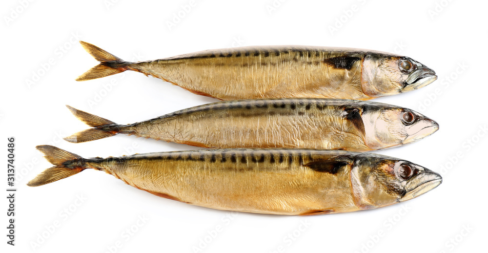 Tasty smoked mackerel fish isolated on white, top view Tasty smoked mackerel fish isolated on white, top view