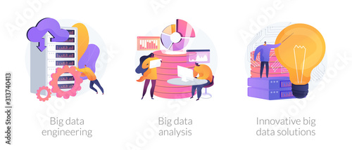 Databases and datacenters hardware. Digital information storage. Big data engineering, big data analysis, innovative big data solutions metaphors. Vector isolated concept metaphor illustrations.