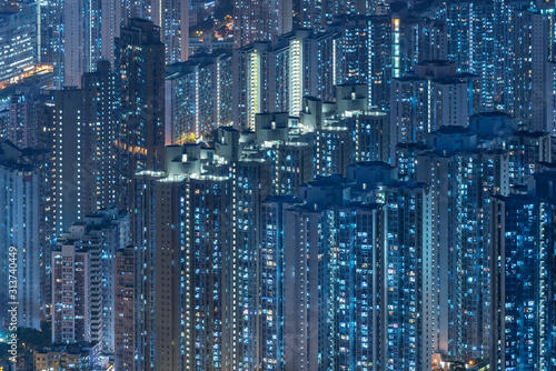 Aerial view of high rise residential building in Hong Kong city at night