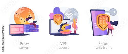 Secure network connection and privacy protection. Internet service provider. Intranet access. Proxy server, VPN access, secure web traffic metaphors. Vector isolated concept metaphor illustrations.