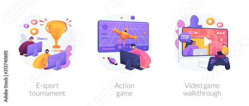 Cyber sport professional competition. Internet and computer games streaming. E-sport-tournament, action game, video game walkthrough metaphors. Vector isolated concept metaphor illustrations.