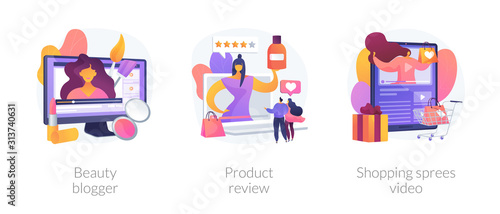 Video tutorials icons set. Influencer marketing, vlogger streaming. Beauty blogger, product review, shopping sprees video metaphors. Vector isolated concept metaphor illustrations.