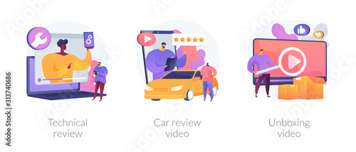 Product client feedback cartoon icons set. Customer experience, influencer marketing. Technical review, car review video, unboxing video metaphors. Vector isolated concept metaphor illustrations.