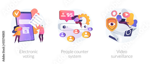 IP and CCTV cameras. Security technology, monitoring system. Electronic voting, people counter system, video surveillance metaphors. Vector isolated concept metaphor illustrations.