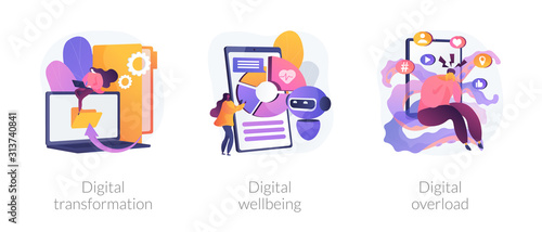 Technologies integration, online documents organization. Modern innovation. Digital transformation, digital wellbeing, digital overload metaphors. Vector isolated concept metaphor illustrations.