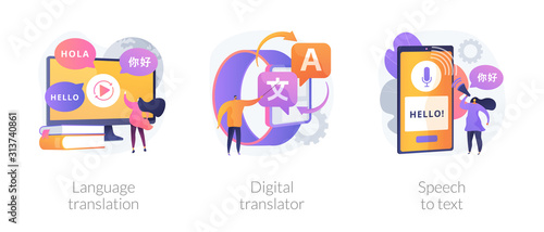 MT mobile application, multilingual communication, voice recognition app. Language translation, digital translator, speech to text metaphors. Vector isolated concept metaphor illustrations.