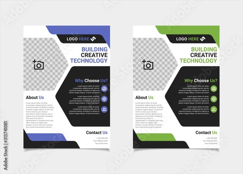 Business flyer template vector design, A4 brochure template blue and green geometry shapes used for business poster layout, IT Company flyer, corporate banners, and leaflets