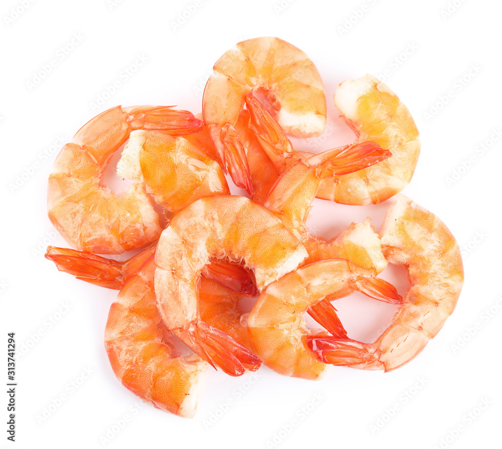 Delicious freshly cooked shrimps isolated on white, top view