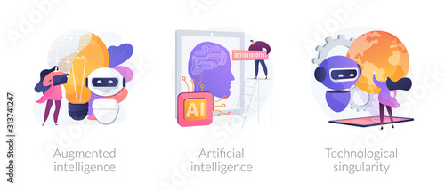 World technology progress and modern innovations. Augmented intelligence, artificial intelligence, technological singularity metaphors. Vector isolated concept metaphor illustrations.