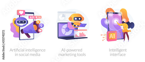 Mobile intelligent interface, automated SEO advertisement. Artificial intelligence in social media, AI-powered marketing tools, metaphors. Vector isolated concept metaphor illustrations.