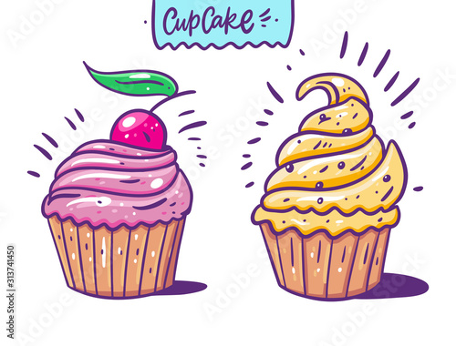 Pink cupcake with cherry and cupcake with yellow cream. Hand drawn vector illustration. Flat cartoon style.