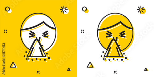 Black Man holding handkerchief or napkin to his runny nose icon isolated on yellow and white background. Coryza desease symptoms. Random dynamic shapes. Vector Illustration