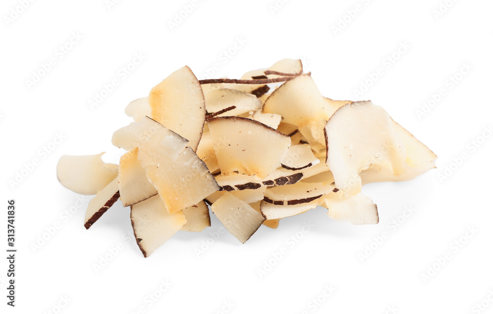 Pile of coconut chips isolated on white Pile of coconut chips isolated on white