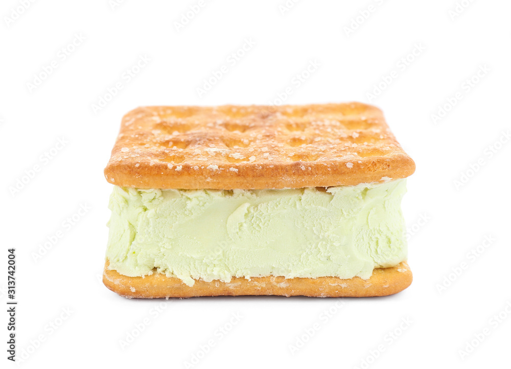 Sweet delicious ice cream cookie sandwich isolated on white