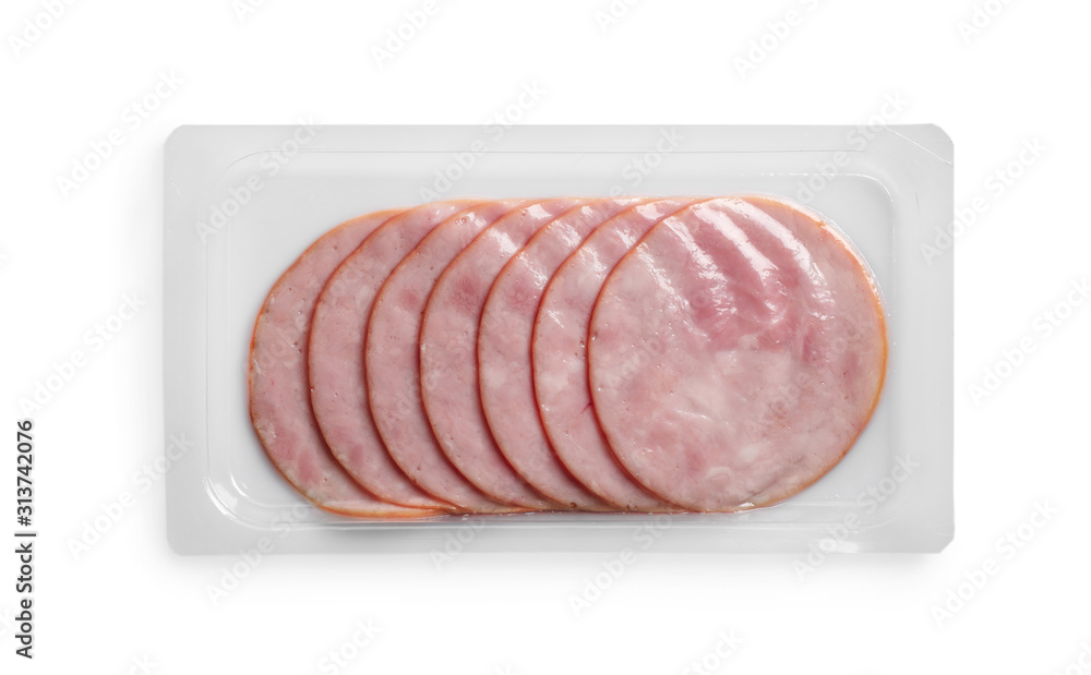Tasty sliced ham in plastic pack isolated on white, top view