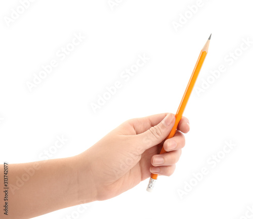 Woman holding pencil on white background, closeup