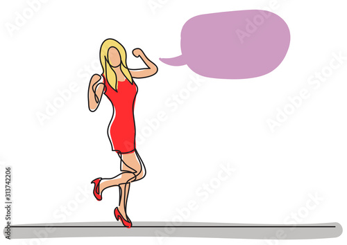 continuous line drawing of cheering woman in short dress