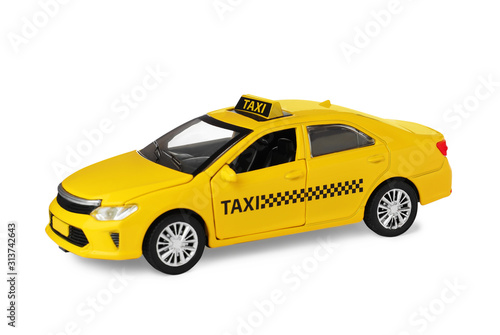 Fotografering Yellow taxi car model isolated on white