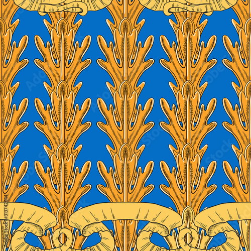 Fantasy vertical leaves of a plant and yellow ribbons in royal style