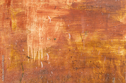 Old grunge rusty steel plate painted red,yellow,white color of background and texture.