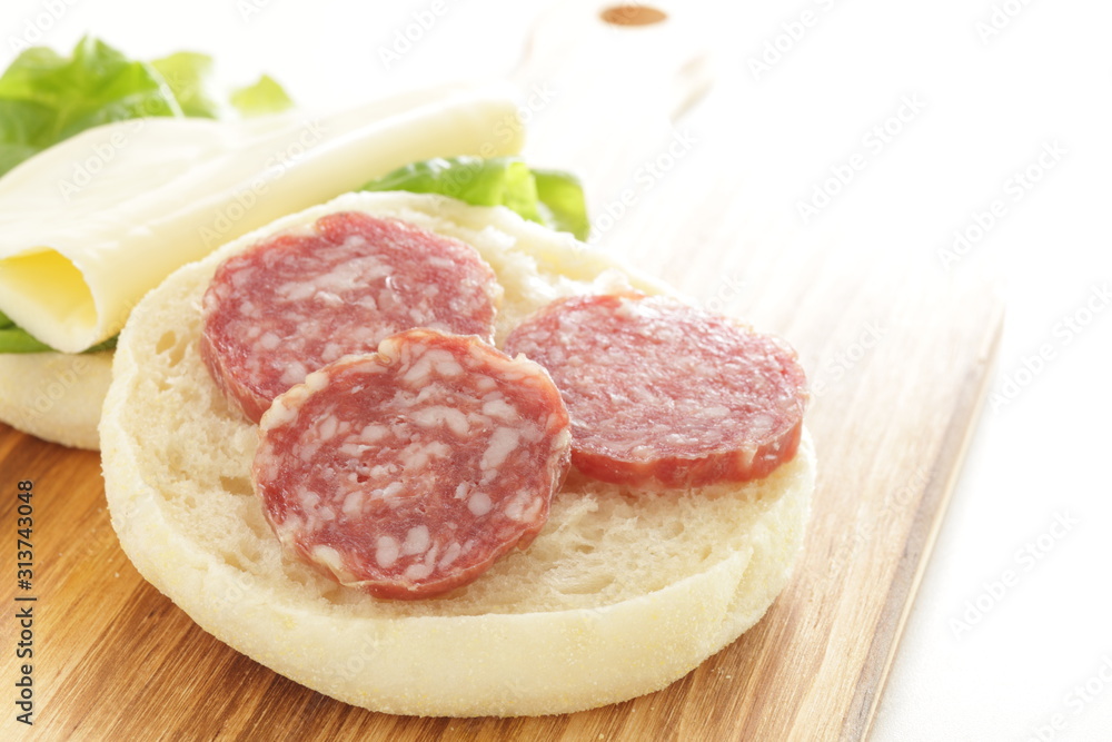 English muffin and salami for breakfast