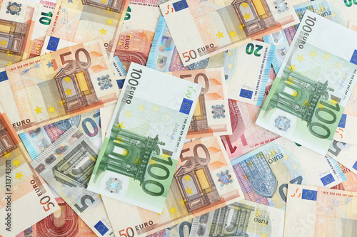 Euro banknotes as background  top view. Money and finance