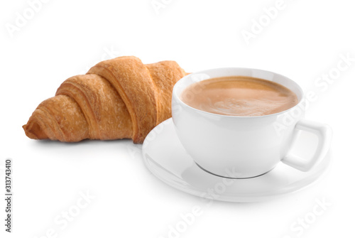 Fototapeta Naklejka Na Ścianę i Meble -  Fresh croissant and coffee on white background