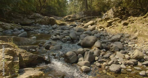 Pan up of the waterfall and tall green trees at Ladies Well, in the Hunter region of New South Wales, Australia photo