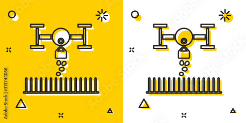 Black Smart farm with drone control for seed planting icon isolated on yellow and white background. Innovation technology for agricultural company. Random dynamic shapes. Vector Illustration