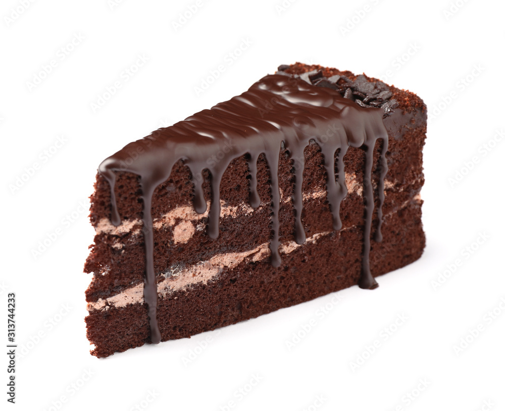 Piece of delicious chocolate cake isolated on white Piece of delicious chocolate cake isolated on white