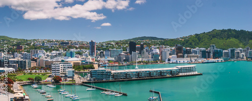 Wellington city, buildings and harbour seen on a beautiful summer's day as viewed from Mount Victoria. Wellington is the capital of New Zealand. 