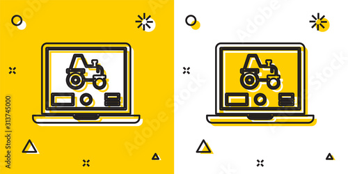 Black Laptop application for control a autonomous tractor on a smart farm icon isolated on yellow and white background. Smart agriculture implement. Random dynamic shapes. Vector Illustration
