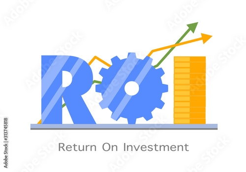 Return on investment ROI flat design vector illustration. Business arrow target direction concept to success. Return on equity ROE, Return on assets ROA idea.