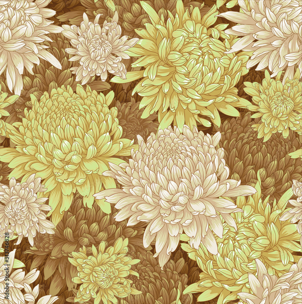 Seamless background with chinese chrysanthemums and ornament on backdrop. Seamless background with chinese chrysanthemums and ornament on backdrop.