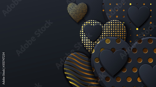 Valentines Day background with black hearts and gold pattern. Gold luxury cover on dark background. Black holidays poster, card, add, header, website, article for valentines day.