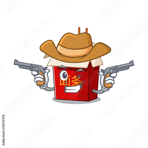 Chinese box noodle dressed as a Cowboy having guns