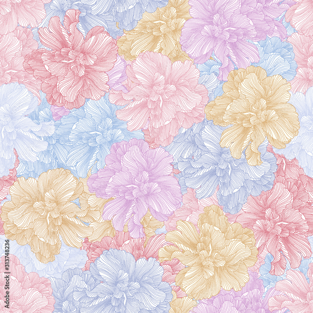 Peony flowers seamless pattern texture. Blooming spring summer line flowers. Floral pattern design illustration for fashion, decoration, fabric, textile.