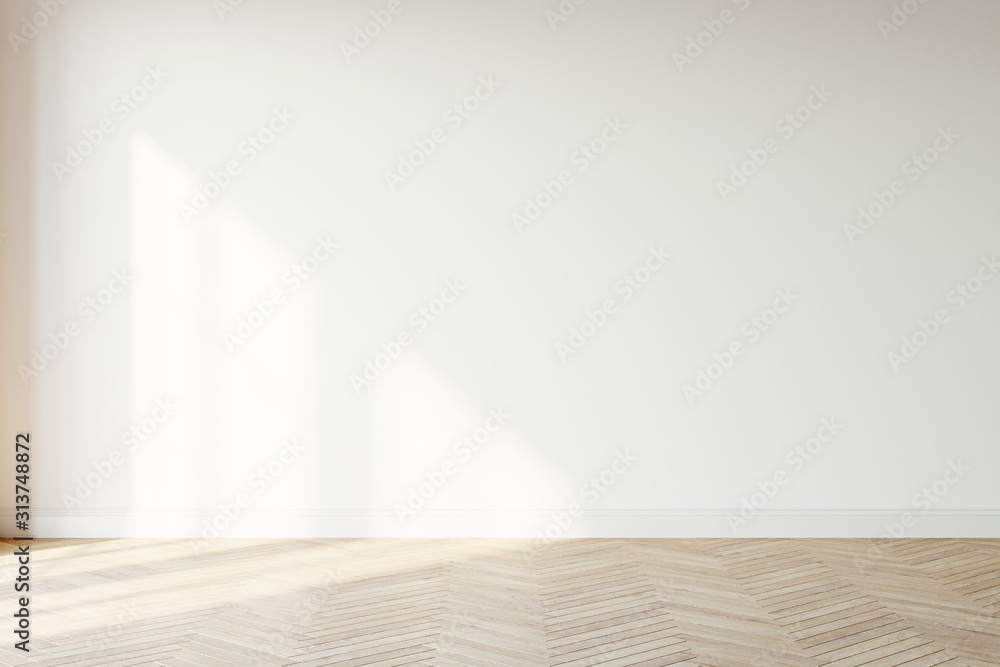 Empty wall mockup. Empty room with a white wall and wood floor. 3D illustration.