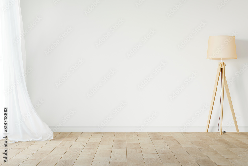 White empty room mockup with with sheer curtain, wood floor lamp and wood floor. 3D illustration. - obrazy, fototapety, plakaty 