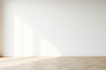 Empty wall mockup. Empty room with a white wall and wood floor. 3D illustration.