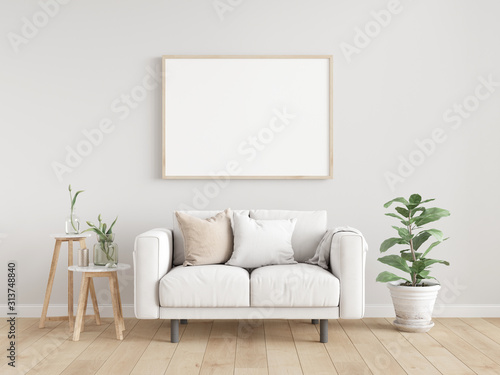 Plakat Skandynawski plakat wnętrz makiety z poziomymi drewnianymi ramami, jasnoszarą sofą na drewnianej podłodze, drewnianym stolikiem i zieloną rośliną w salonie z białą ścianą. Ilustracje 3d.
